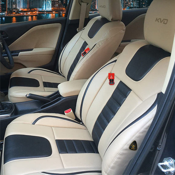 KVD Superior Leather Luxury Car Seat Cover for MG Astor Beige + Black (With 5 Year Onsite Warranty) - D087/145