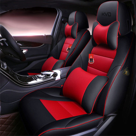 KVD Superior Leather Luxury Car Seat Cover for Volkswagen virtus Black + Red Free Pillows And Neckrest Set (With 5 Year Onsite Warranty) - DZ088/153