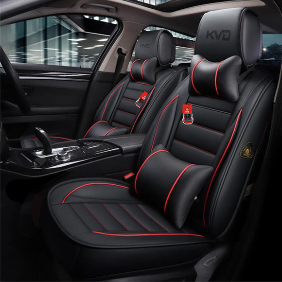 KVD Superior Leather Luxury Car Seat Cover for Kia Carens Black + Red Free Pillows And Neckrest (With 5 Year Onsite Warranty) (SP) - D094/142