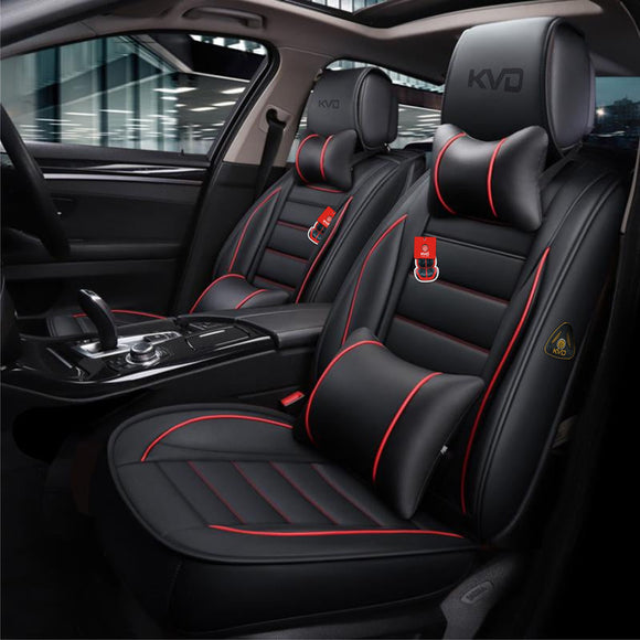 KVD Superior Leather Luxury Car Seat Cover for Skoda Slavia Black + Red Free Pillows And Neckrest Set (With 5 Year Onsite Warranty) (SP) - D094/135