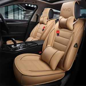 KVD Superior Leather Luxury Car Seat Cover for Skoda Kylac Beige + Coffee Free Pillows And Neckrest Set (With 5 Year Onsite Warranty) (SP) - D095/143