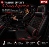 KVD Superior Leather Luxury Car Seat Cover FOR Volkswagen T-Roc BLACK + RED FREE PILLOWS AND NECK REST SET (WITH 5 YEARS WARRANTY) - DZ014/135