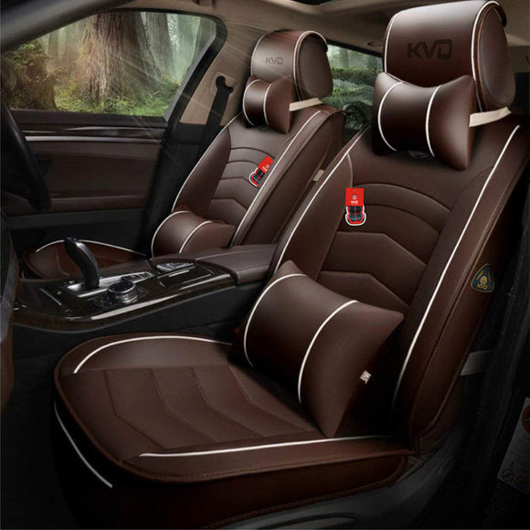 KVD Superior Leather Luxury Car Seat Cover for Tata Indigo Ecs Coffee + White Free Pillows And Neckrest Set (With 5 Year Onsite Warranty) - DZ104/73