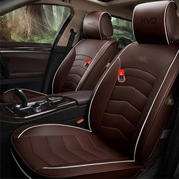 KVD Superior Leather Luxury Car Seat Cover for MG Hector Coffee + White (With 5 Year Onsite Warranty) - DZ104/109