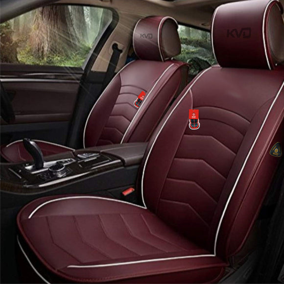 KVD Superior Leather Luxury Car Seat Cover for Isuzu D-Max / V-Cross Wine Red + White Free Pillows And Neckrest (With 5 Year Warranty) - DZ106/119