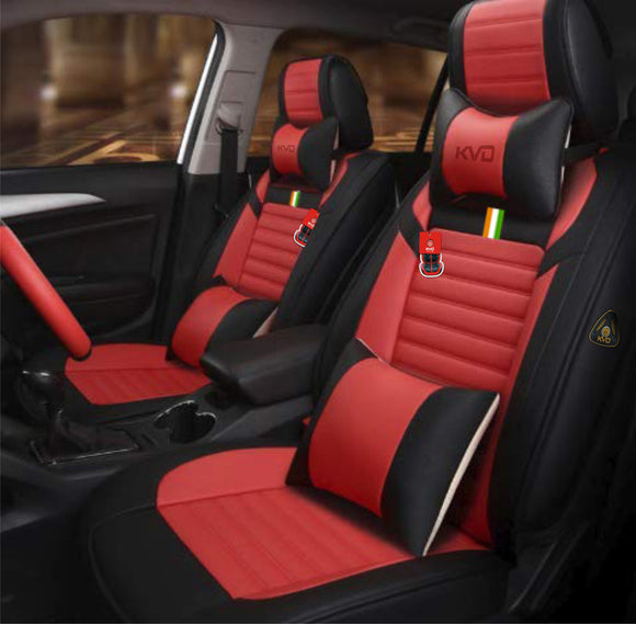 KVD Superior Leather Luxury Car Seat Cover for Honda Brv Black + Red Free Pillows And Neckrest Set (With 5 Year Onsite Warranty) - D112/7