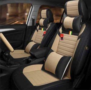 KVD Superior Leather Luxury Car Seat Cover for Ford Fiesta Black + Beige Free Pillows And Neckrest Set (With 5 Year Onsite Warranty) - D113/126