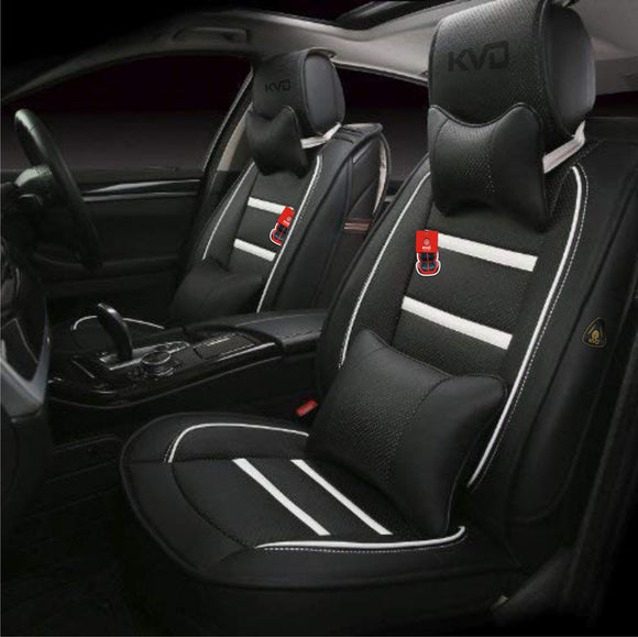 KVD Superior Leather Luxury Car Seat Cover for Maruti Suzuki Vitara Brezza Black + Silver Free Pillows And Neckrest (With 5 Year Warranty) - D117/58