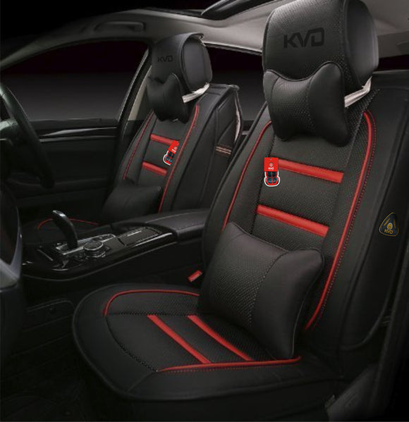 KVD Superior Leather Luxury Car Seat Cover for Nissan Micra Black + Red Free Pillows And Neckrest Set (With 5 Year Onsite Warranty) - D119/120