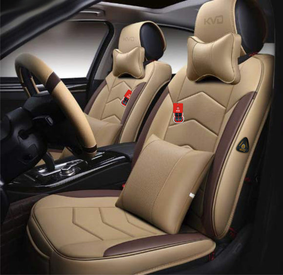 KVD Superior Leather Luxury Car Seat Cover for Skoda Laura Beige + Coffee Free Pillows And Neckrest Set (With 5 Year Onsite Warranty) - D121/64