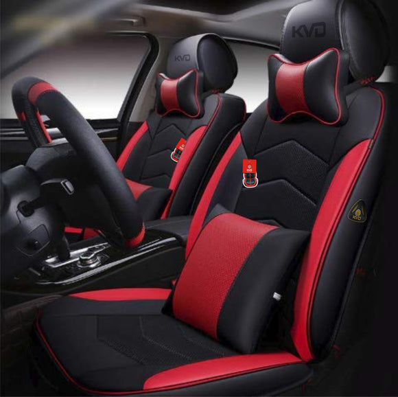 KVD Superior Leather Luxury Car Seat Cover for Tata Nexon Ev Black + Red Free Pillows And Neckrest Set (With 5 Year Onsite Warranty) - D122/77
