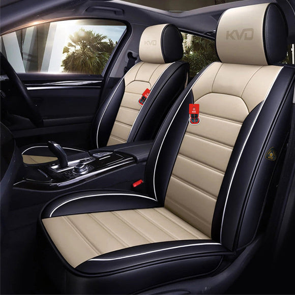 KVD Superior Leather Luxury Car Seat Cover for Kia Carens Black + Beige (With 5 Year Onsite Warranty) - D131/142