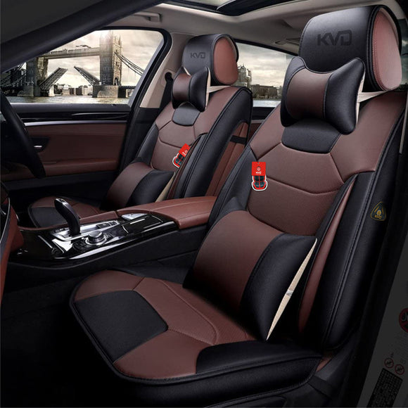 KVD Superior Leather Luxury Car Seat Cover for Renault Kiger Black + Coffee Free Pillows And Neckrest Set (With 5 Year Onsite Warranty) - D138/137