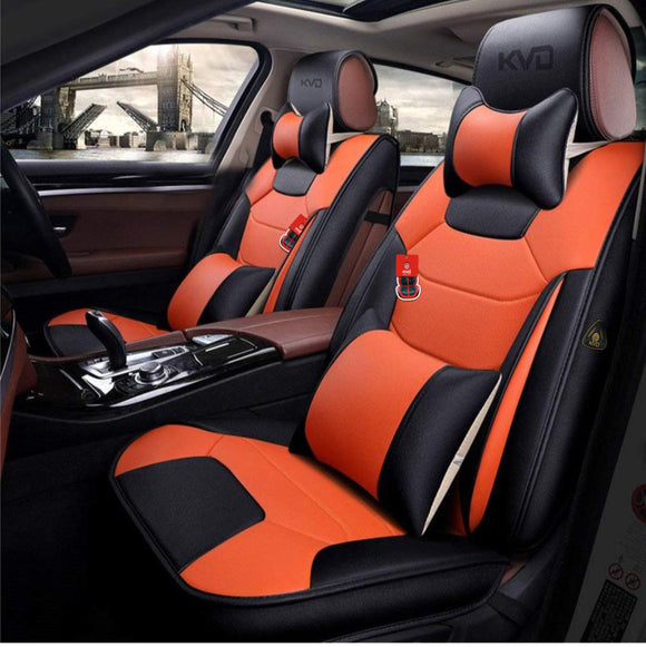 KVD Superior Leather Luxury Car Seat Cover for Mahindra Xuv700 Black + Orange Free Pillows And Neckrest Set (With 5 Year Onsite Warranty) - D139/138