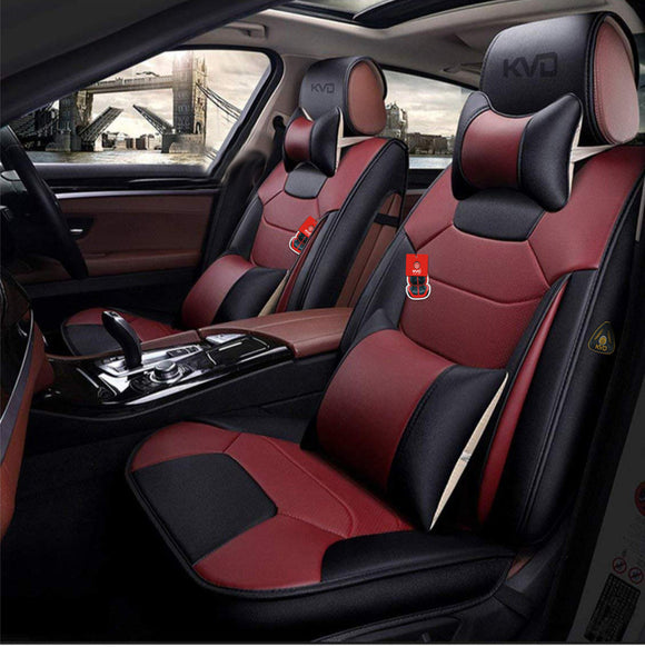 KVD Superior Leather Luxury Car Seat Cover for Mahindra Kuv100 Nxt Black + Wine Red Free Pillows And Neckrest (With 5 Year Onsite Warranty) - D140/30