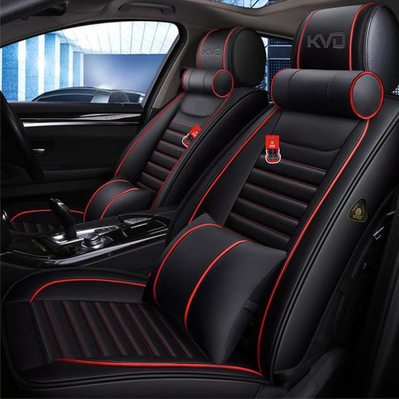 KVD Superior Leather Luxury Car Seat Cover FOR HYUNDAI VENUE BLACK + RED FREE PILLOWS AND NECK REST SET (WITH 5 YEARS WARRANTY) - DZ014/102