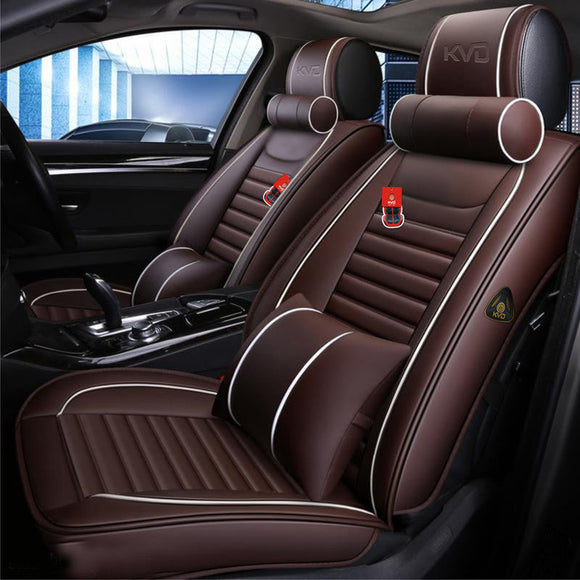 KVD Superior Leather Luxury Car Seat Cover FOR Maruti Suzuki Grand Vitara COFFEE + WHITE FREE PILLOWS AND NECK REST SET (WITH 5 YEARS WARRANTY) - DZ016/147