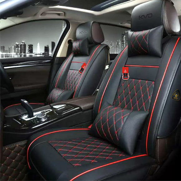 KVD Superior Leather Luxury Car Seat Cover For Chevrolet Enjoy 8 Seater Black + Red Free Pillows And Neck Rest (With 5 Year Warranty) - Dz001/124