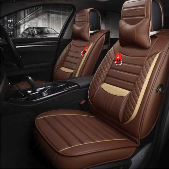 KVD Superior Leather Luxury Car Seat Cover for Toyota Yaris Coffee + Beige Free Neckrest Set (With 5 Year Onsite Warranty) (SP) - D044/92