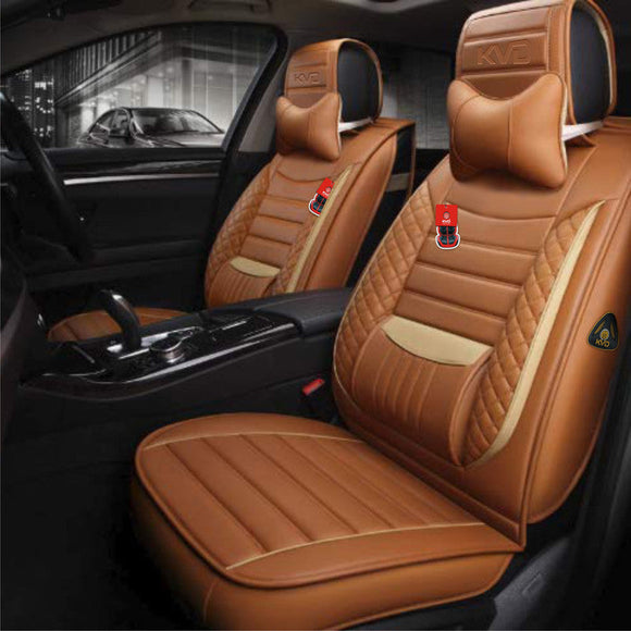 KVD Superior Leather Luxury Car Seat Cover for Toyota Urban Cruiser Hyryder Tan + Beige Free Neckrest Set (With 5 Year Onsite Warranty) (SP) - D045/148