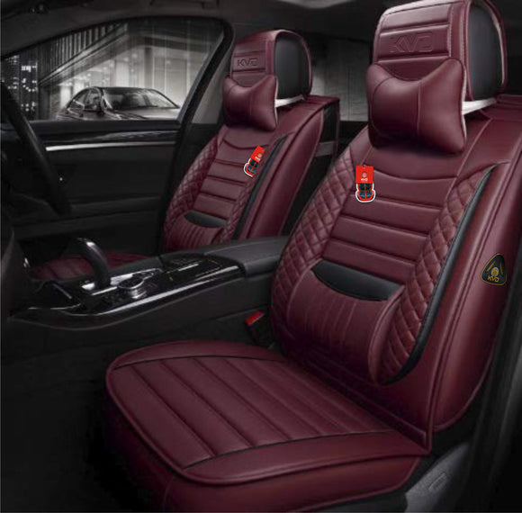 KVD Superior Leather Luxury Car Seat Cover for Kia Carnival 8 Seater Wine Red + Black Free Neckrest Set (With 5 Year Onsite Warranty) (SP) - D046/107