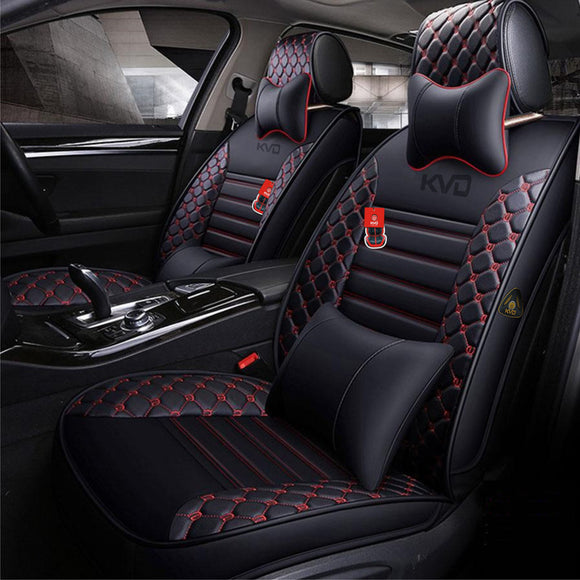 KVD Superior Leather Luxury Car Seat Cover for Kia Carnival 9 Seater Black + Red Free Pillows And Neckrest (With 5 Year Onsite Warranty) - D057/108