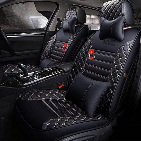 KVD Superior Leather Luxury Car Seat Cover for Chevrolet Enjoy 7 Seater Black + Silver Free Pillows And Neckrest (With 5 Year Warranty) - DZ058/123