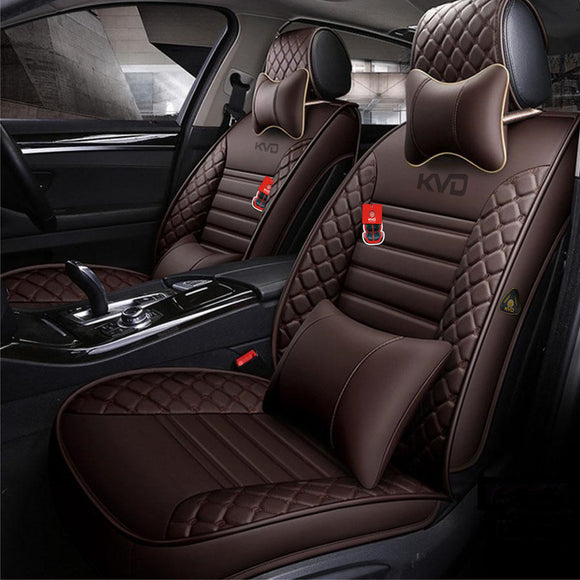 KVD Superior Leather Luxury Car Seat Cover for Tata Indica Ev2 Full Coffee Free Pillows And Neckrest Set (With 5 Year Onsite Warranty) - DZ061/71