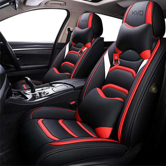KVD Superior Leather Luxury Car Seat Cover for Volkswagen Taigun Black + Red Free Pillows And Neckrest Set (With 5 Year Onsite Warranty) - D067/135