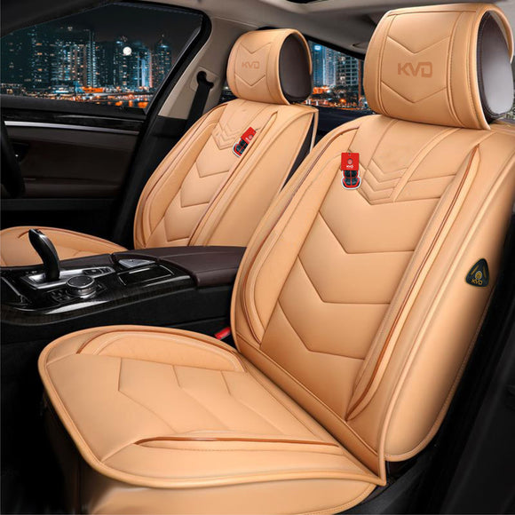 KVD Superior Leather Luxury Car Seat Cover for Hyundai Xcent Beige + Tan (With 5 Year Onsite Warranty) (SP) - D068/24