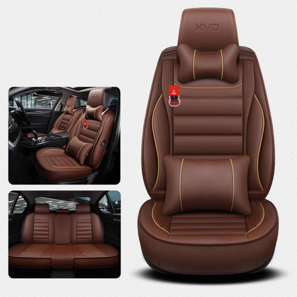 KVD Superior Leather Luxury Car Seat Cover for Volkswagen Ameo Coffee + Beige Free Pillows And Neckrest (With 5 Year Onsite Warranty) (SP) - D096/93